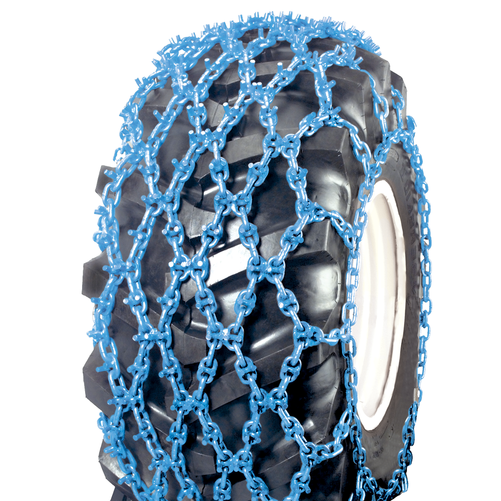 Blue triple net tire chain fitted over a large black tire, shown from the side.