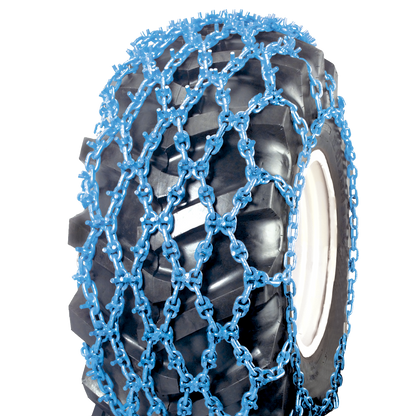 Blue triple net tire chain fitted over a large black tire, shown from the side.