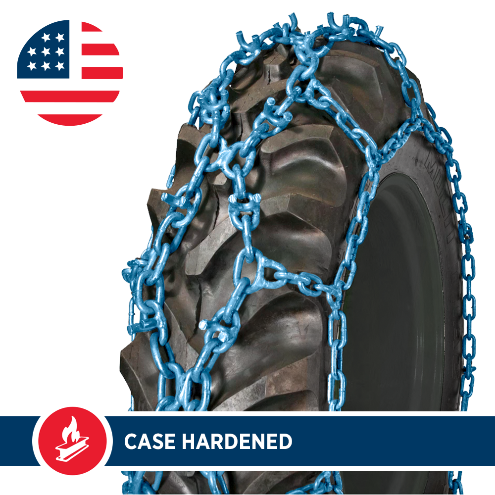 Pewag tractor tire chain with blue case-hardened links fitted over a tire