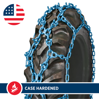 Pewag tractor tire chain with blue case-hardened links fitted over a tire