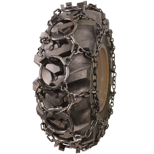 Heavy-duty tire chain with linked metal crossbars and circular bear paw rings
