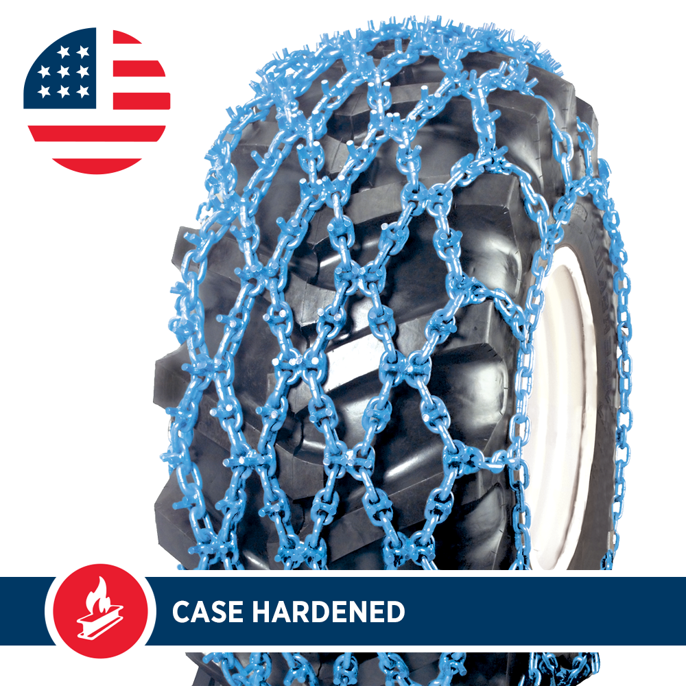 Triple net tire chain wrapped around a large black tire, with blue case-hardened links.