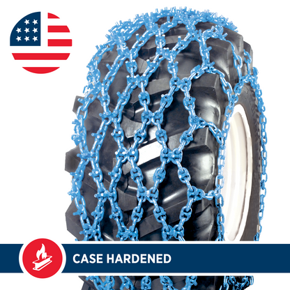 Triple net tire chain wrapped around a large black tire, with blue case-hardened links.